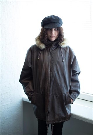 VINTAGE 90'S BROWN LEATHER ZIP UP PARKA COAT