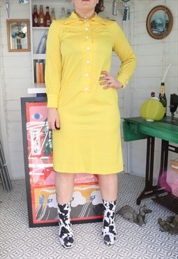 Retro 60s Yellow Polka Dots Spotty Mod Gogo Midi Shirt Dress