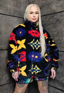 Floral fleece jacket handmade reversible geometric bomber