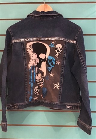 VINTAGE 90S DENIM SKULL METALLICS BLING REWORK JACKET