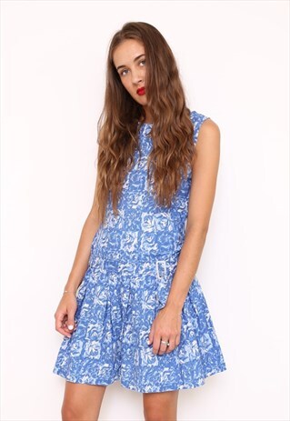 VINTAGE 60S BLUE FLORAL DROP HEM DRESS