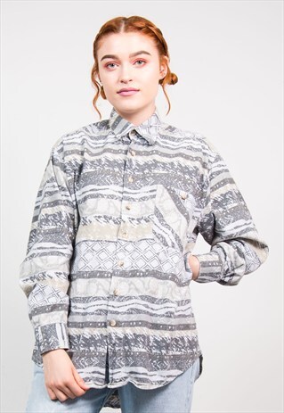 VINTAGE 90'S GREY PATTERNED FLANNEL SHIRT