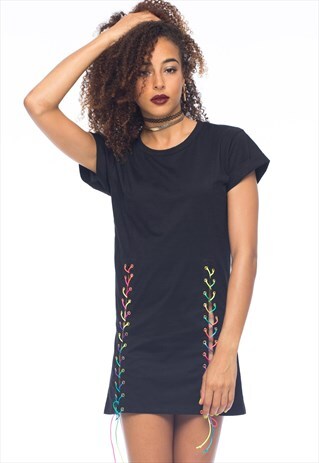 SEMI FITTED RAINBOW LACE UP BLACK TEE SHIRT DRESS