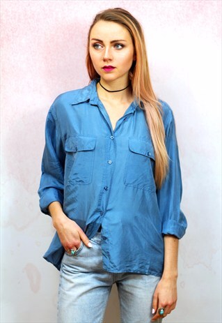 1990S VINTAGE TEAL PURE SILK LONG SLEEVE SHIRT