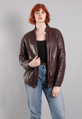 VINTAGE 80S MAROON LEATHER BOMBER JACKET