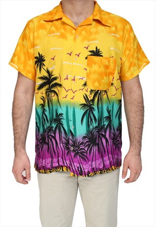 HAWAIIAN STYLE PALM TREE PRINT SHIRTS-YELLOW
