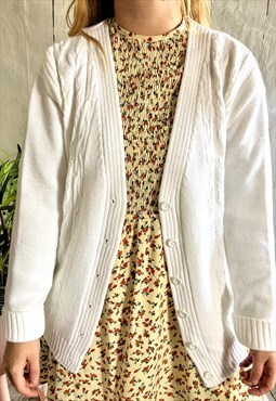 Vintage White Cableknit Button Up 80's Cardigan