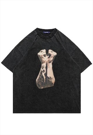 TATTOO T-SHIRT KNUCKLES PRINT TOP VINTAGE WASH PUNK TEE 