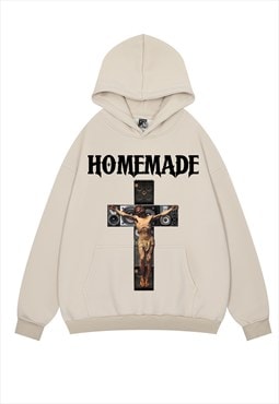 Jesus print hoodie cyberpunk pullover raver jumper cream