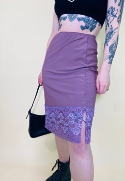 Vintage Y2K 90s Purple Satin Lace Detail Midi Skirt