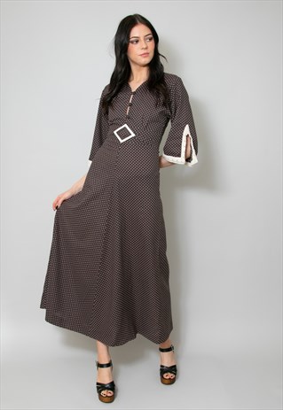 70's Vintage Brown Festival Boho Hippy Midi Dress