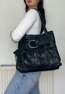 Black Leather Vintage Tote Shoulder Bag