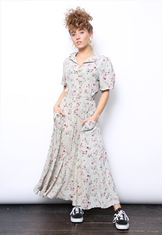 VINTAGE 90S BEIGE FLORAL PRINT BUTTON MIDI DRESS
