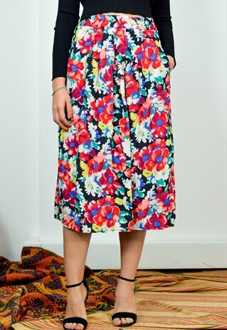 BETTY BARCLAY SKIRT FLORAL VINTAGE 80'S PRINTED RETRO L