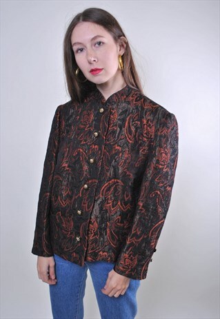 RETRO BROWN NATURE PRINT WOMAN BUTTON PARTY BLAZER, SIZE M