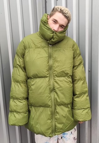RAISED NECK BOMBER KOREAN COAT QUILTED PUFFER JACKET GREEN
