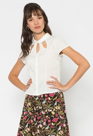 WHITE SHORT SLEEVE KEY HOLE BLOUSE
