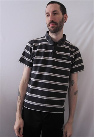 VINTAGE REEBOK CUTE PREPPY BLACK GREY STRIPED POLO SHIRT