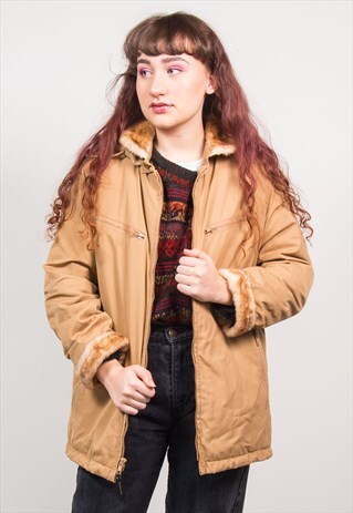 VINTAGE 80'S BROWN FAUX FUR LINING HOODED COAT