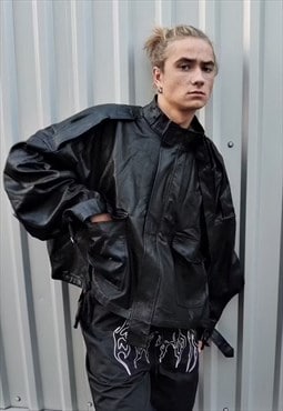 oversized PU leather utility jacket wide biker coat in black
