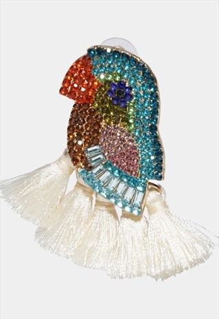 RHINESTONE PARROT WHITE TASSEL EARRINGS
