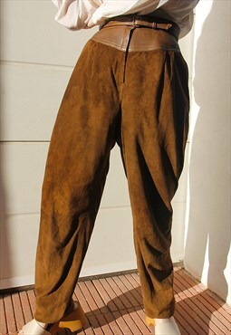 Tan Brown Real Leather & Suede Tapered Leg High Rise Trouser