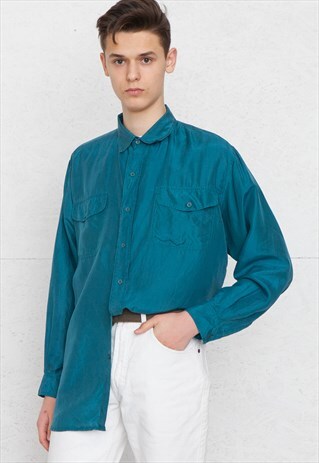 VINTAGE BLUE VICTORIA'S SECRET LONG SLEEVE SILK SHIRT