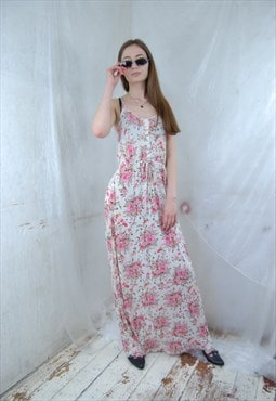 Vintage 80's retro flower maxi summer beach party dress pink