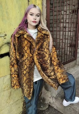 Python print fleece jacket fake fur snake thick mac coat 