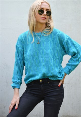 VINTAGE 90S TURQUOISE BLUE CABLE KNITTED JUMPER