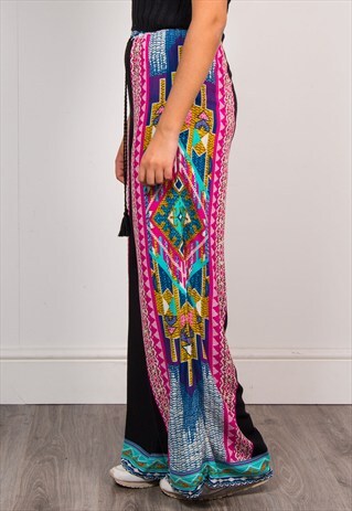 VINTAGE 90'S CRAZY BRIGHT PATTERN WIDE LEG FESTIVAL TROUSERS