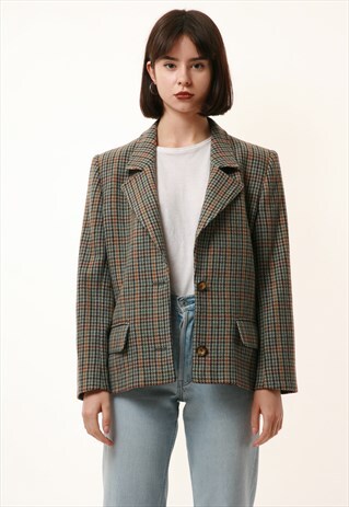 80S VINTAGE VALENTINO LONG WOOL CHECKED BLAZER JACKET 1188