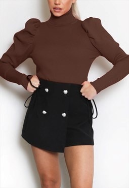 High Neck Puff Sleeve Ribbed Jumper In Brown 