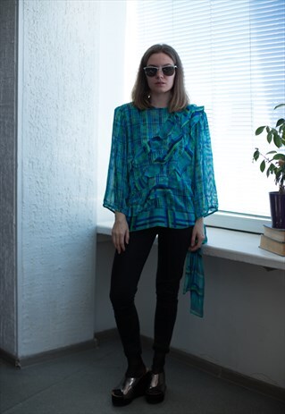 VINTAGE 80'S BLUE/GREEN PATTERNED RUFFLE BLOUSE