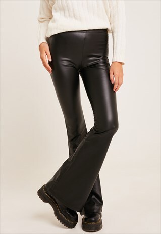 FLARED TROUSERS - BLACK FAUX LEATHER