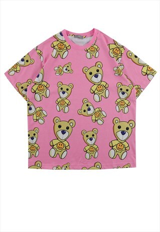 TEDDY BEAR PRINT TEE EMOJI SMILEY BOX FIT T-SHIRT IN PINK