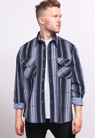 VINTAGE CORDUROY CORD STRIPED SHIRT BLUE