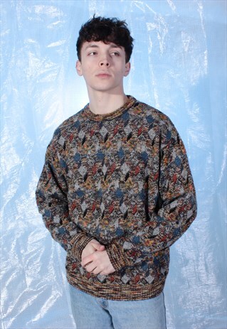 VINTAGE BROWN, BLUE AND GREY PATTERNED WOOLLEN JUMPER