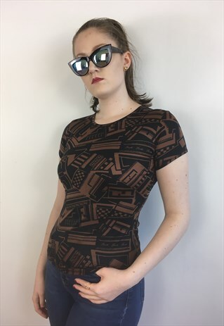 WOMENS VINTAGE FENDI TSHIRT BROWN BLACK PATTERNED TOP