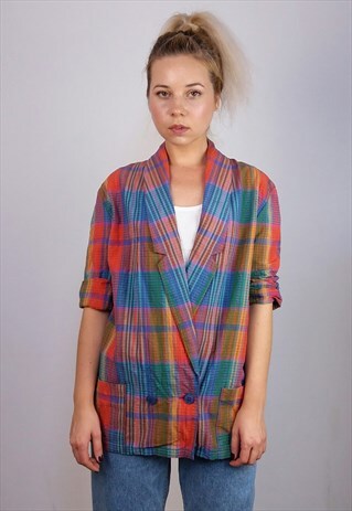 VINTAGE 80'S PLAID PATTERN COTTON BLAZER JACKET
