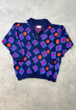 Vintage Abstract Knitted Jumper 1/4 Zip Patterned Sweater