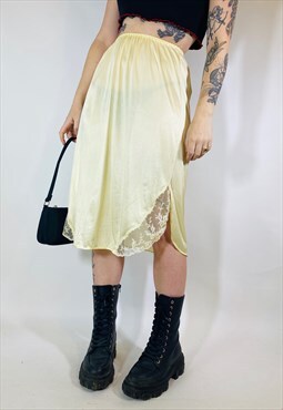 Vintage Satin Lace Cottagecore Pastel Yellow Midi Slip Skirt