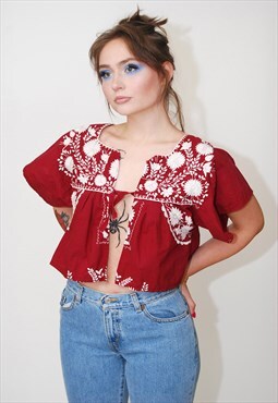 70s Embroidered Tie Top (S/M) burgundy cutout boho hippy