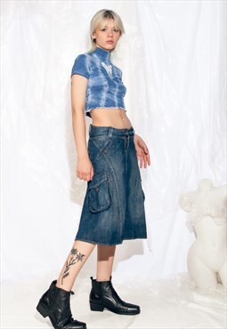 Vintage Y2K Cargo Skirt Low Rise Midi Blue Denim