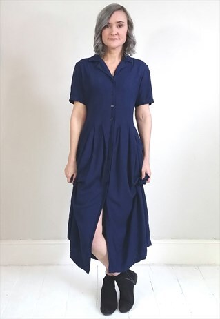 VINTAGE 90'S NAVY BLUE BUTTON DOWN DRESS W/ POCKETS