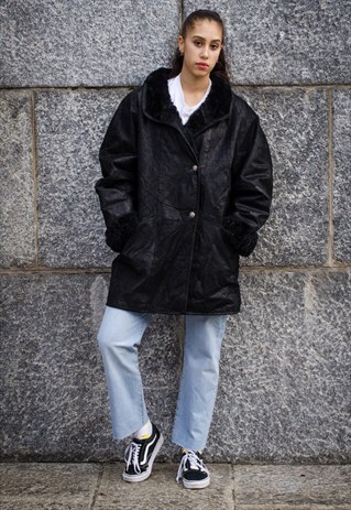 80S VINTAGE LEATHER FAUX SHEEPSKIN COAT (REF/488)