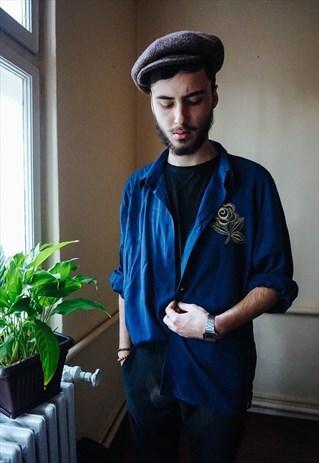 VINTAGE EMBROIDED GOLDEN FLOWER AND BUTTONS NAVY SHIRT