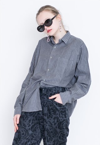 VINTAGE GREY STRIPED LONG SLEEVE RETRO SHIRT