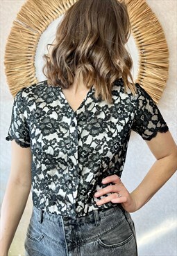 60s vintage black and white lace croped blouse