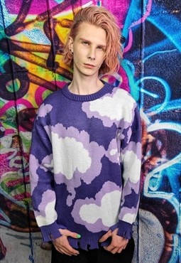 Cloud print sweater ripped knitwear jumper sky top in purple